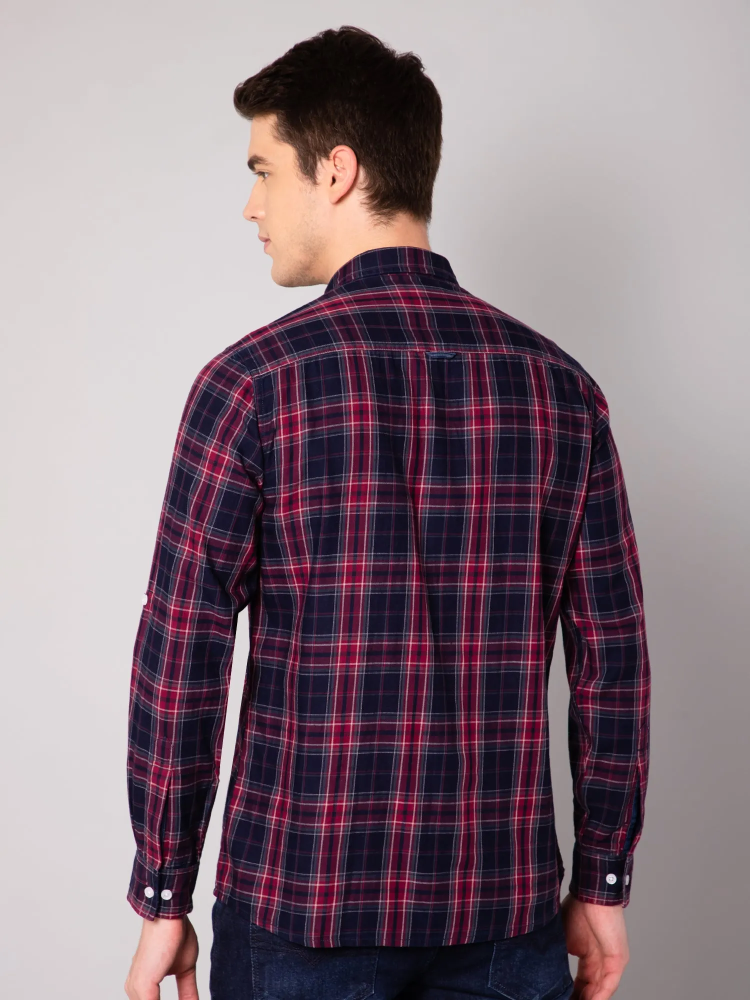 Cantabil Cotton Checkered Red Full Sleeve Casual Shirt for Men with Pocket