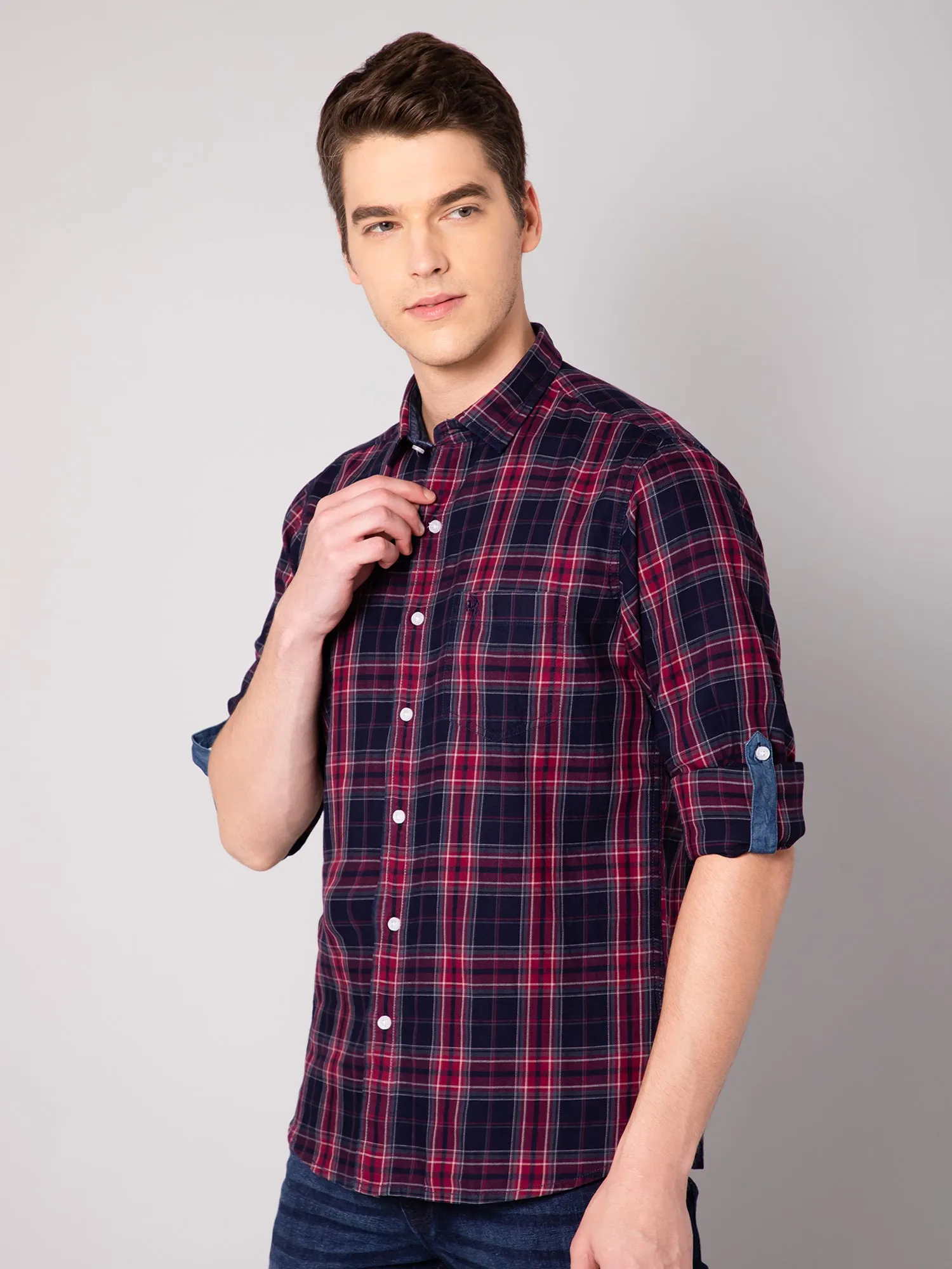 Cantabil Cotton Checkered Red Full Sleeve Casual Shirt for Men with Pocket