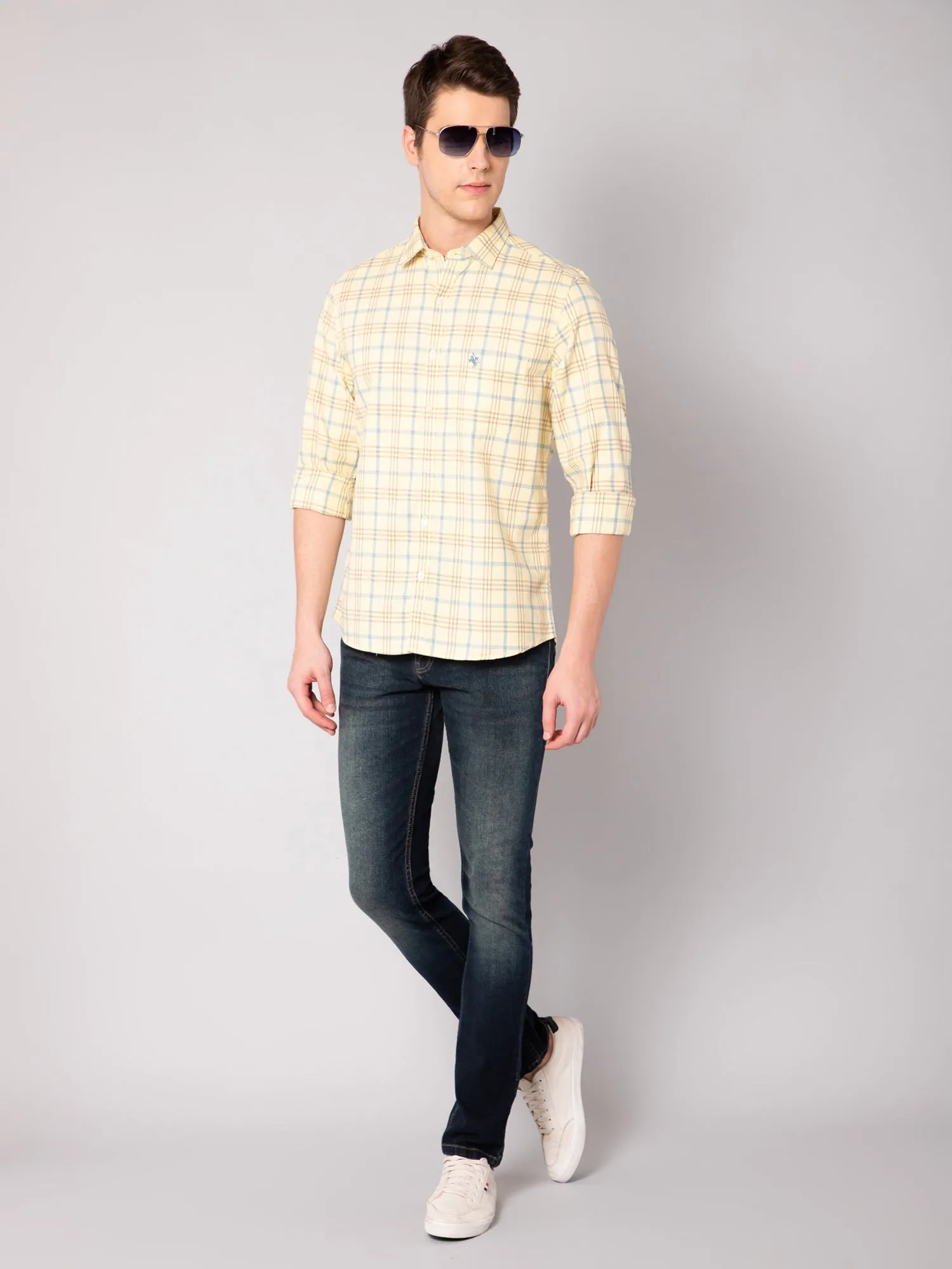 Cantabil Cotton Checkered Yellow Full Sleeve Casual Shirt for Men with Pocket