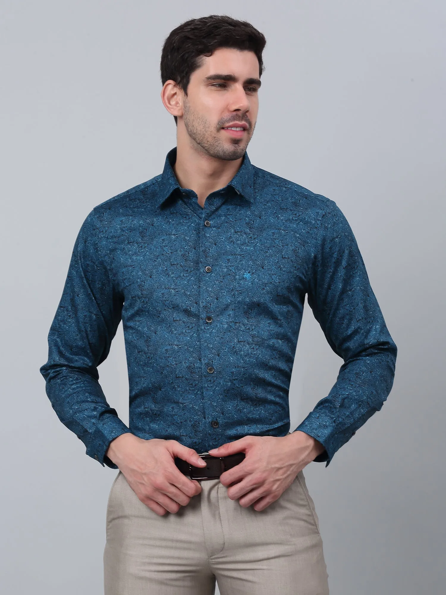 Cantabil Cotton Floral Printed Full Sleeve Regular Fit Blue Party Wear Shirt for Men with Pocket