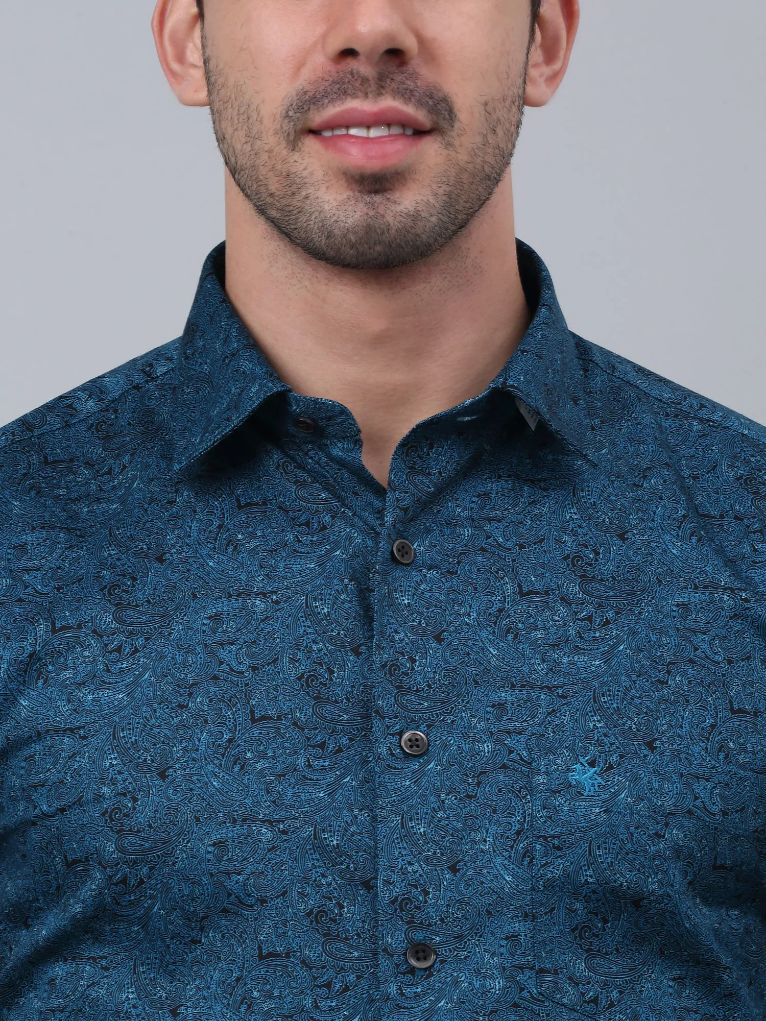 Cantabil Cotton Floral Printed Full Sleeve Regular Fit Blue Party Wear Shirt for Men with Pocket