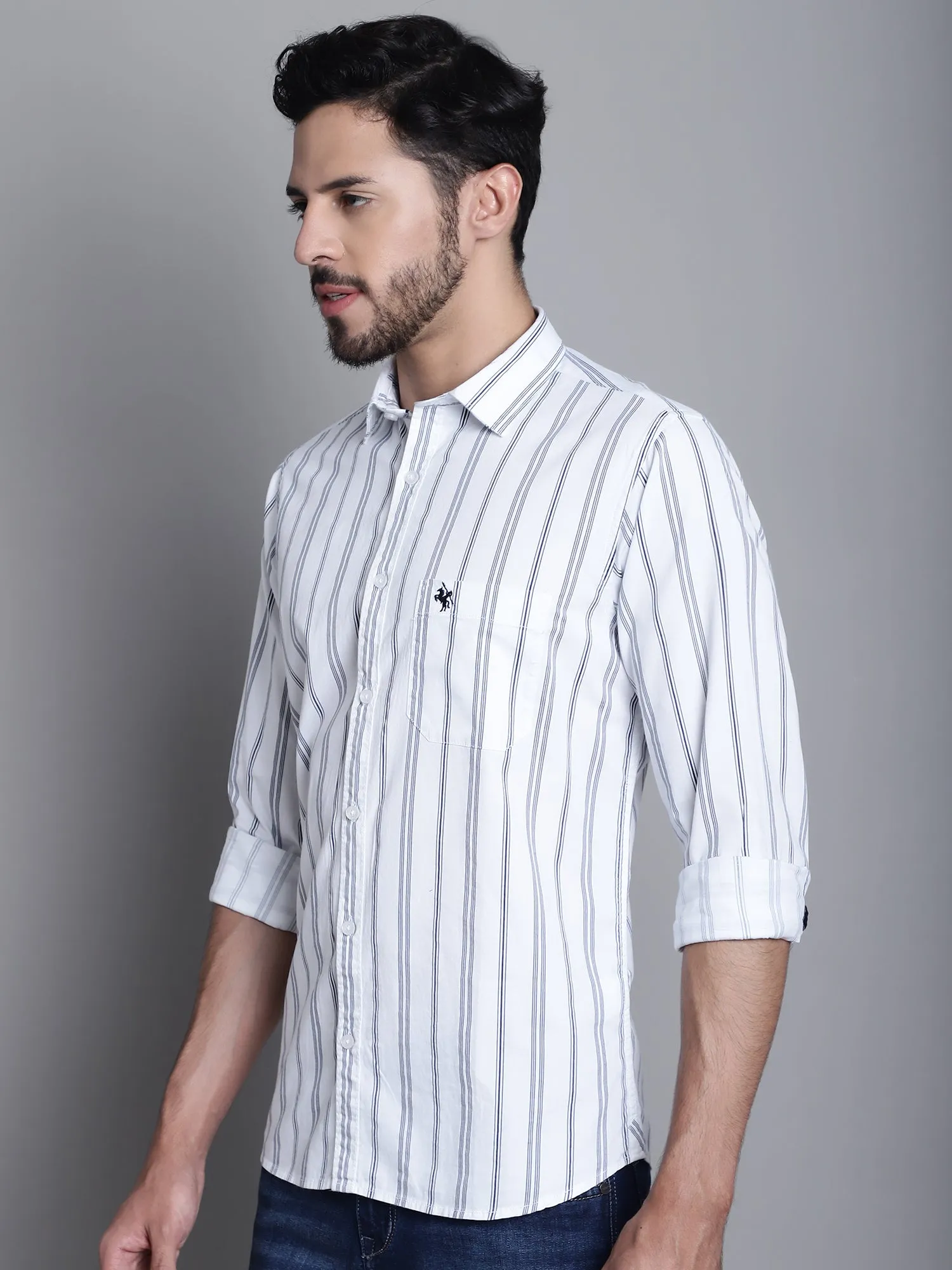 Cantabil Cotton Navy Blue Striped Full Sleeve Regular Fit Casual Shirt for Men with Pocket