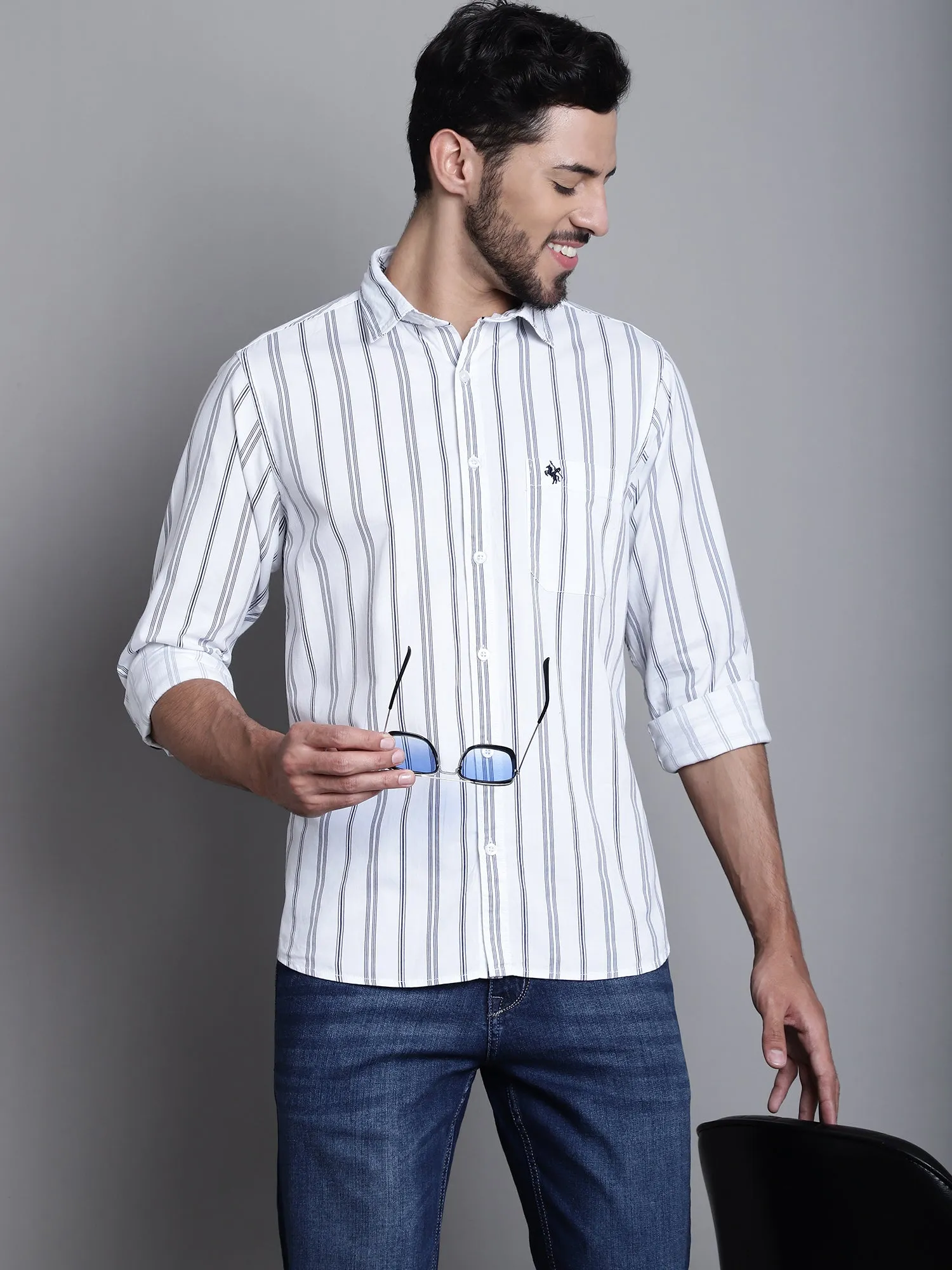 Cantabil Cotton Navy Blue Striped Full Sleeve Regular Fit Casual Shirt for Men with Pocket