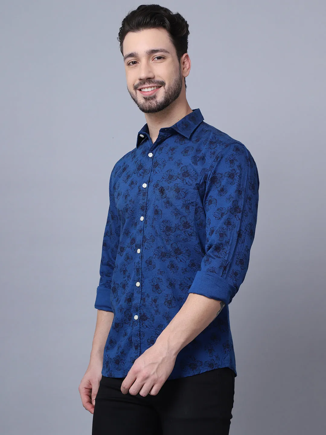 Cantabil Cotton Printed Blue Full Sleeve Regular Fit Casual Shirt for Men with Pocket