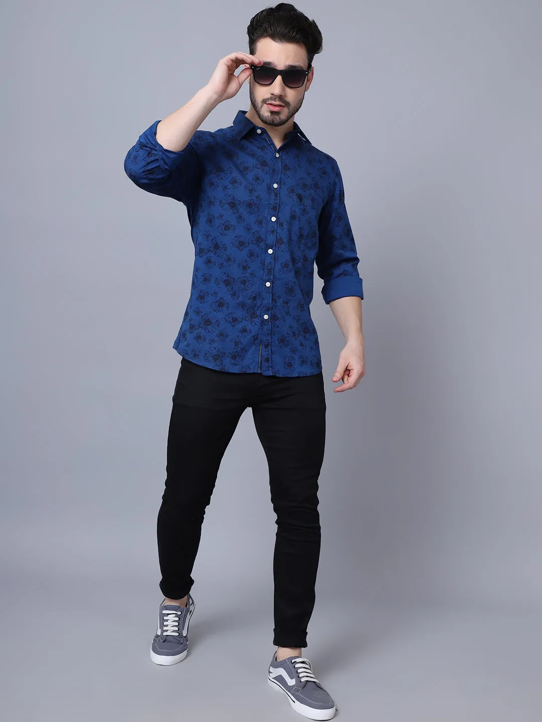 Cantabil Cotton Printed Blue Full Sleeve Regular Fit Casual Shirt for Men with Pocket