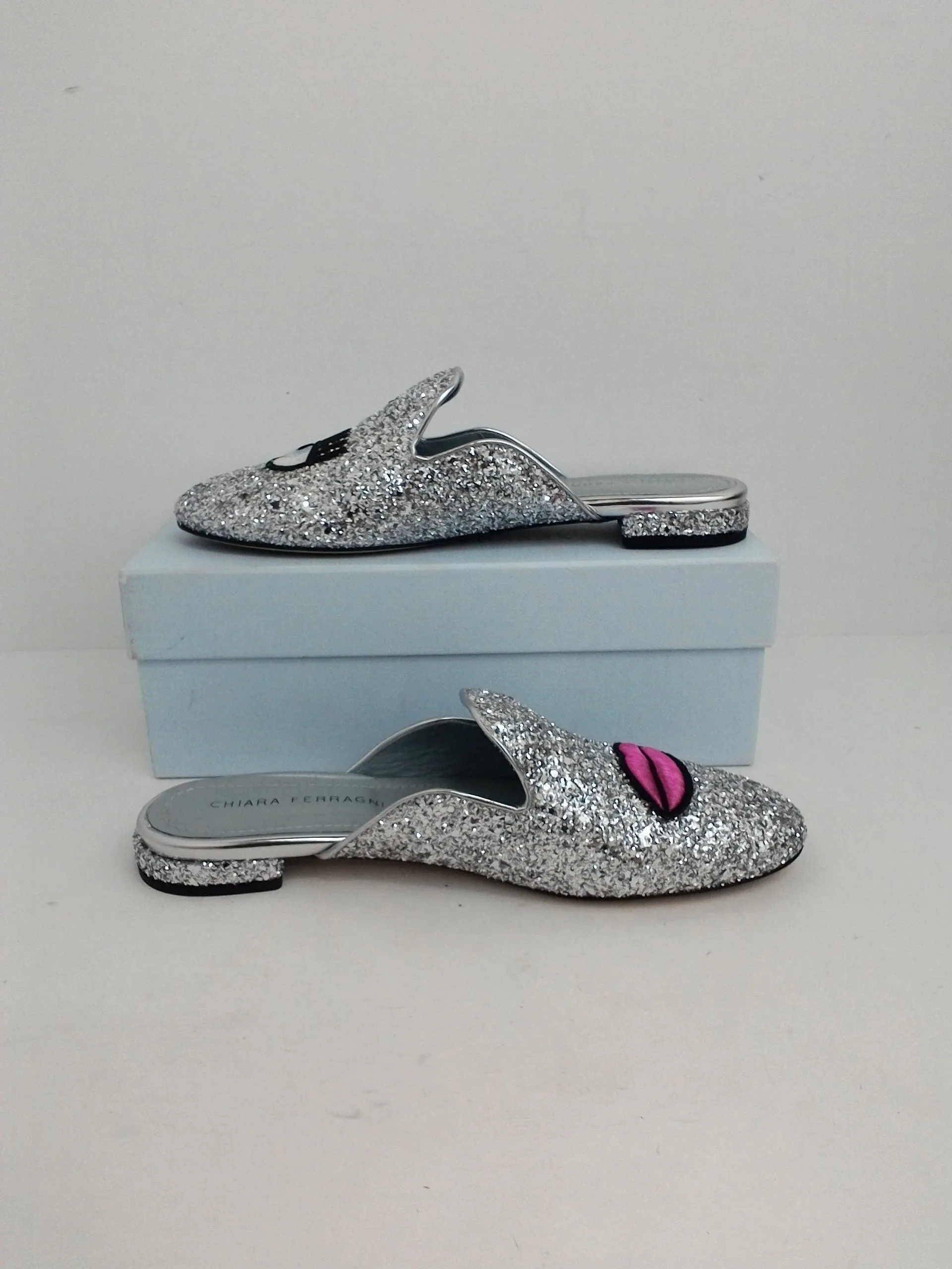 CHIARA FERRAGNI Women's Silver Glitter Argento Loafer Size 39