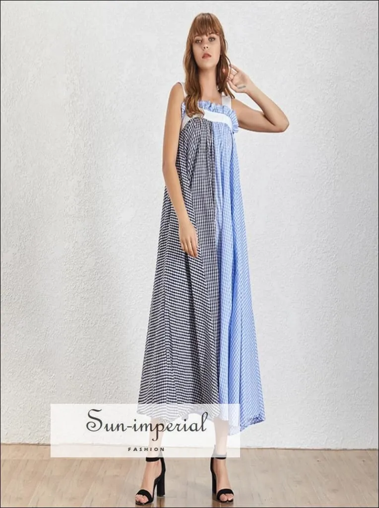 Dallas Dress- Plaid Two Tone a Line Women Maxi Dress Slit Oversize Sleeveless Grid Maxi Dress