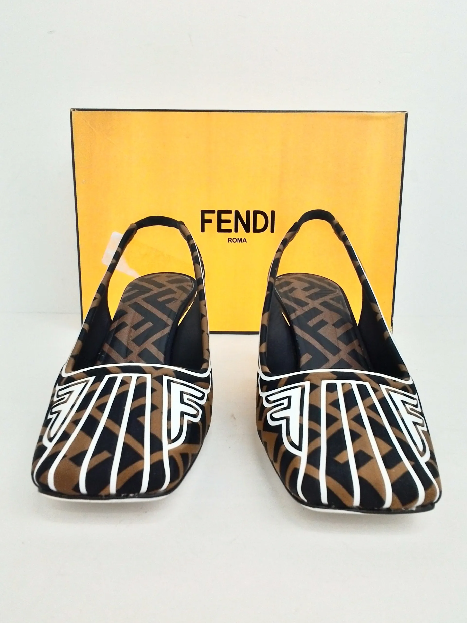 FENDI Women's Decollete AP Lycra FF Film Elast Logo Brown/Black/White Size 35.5