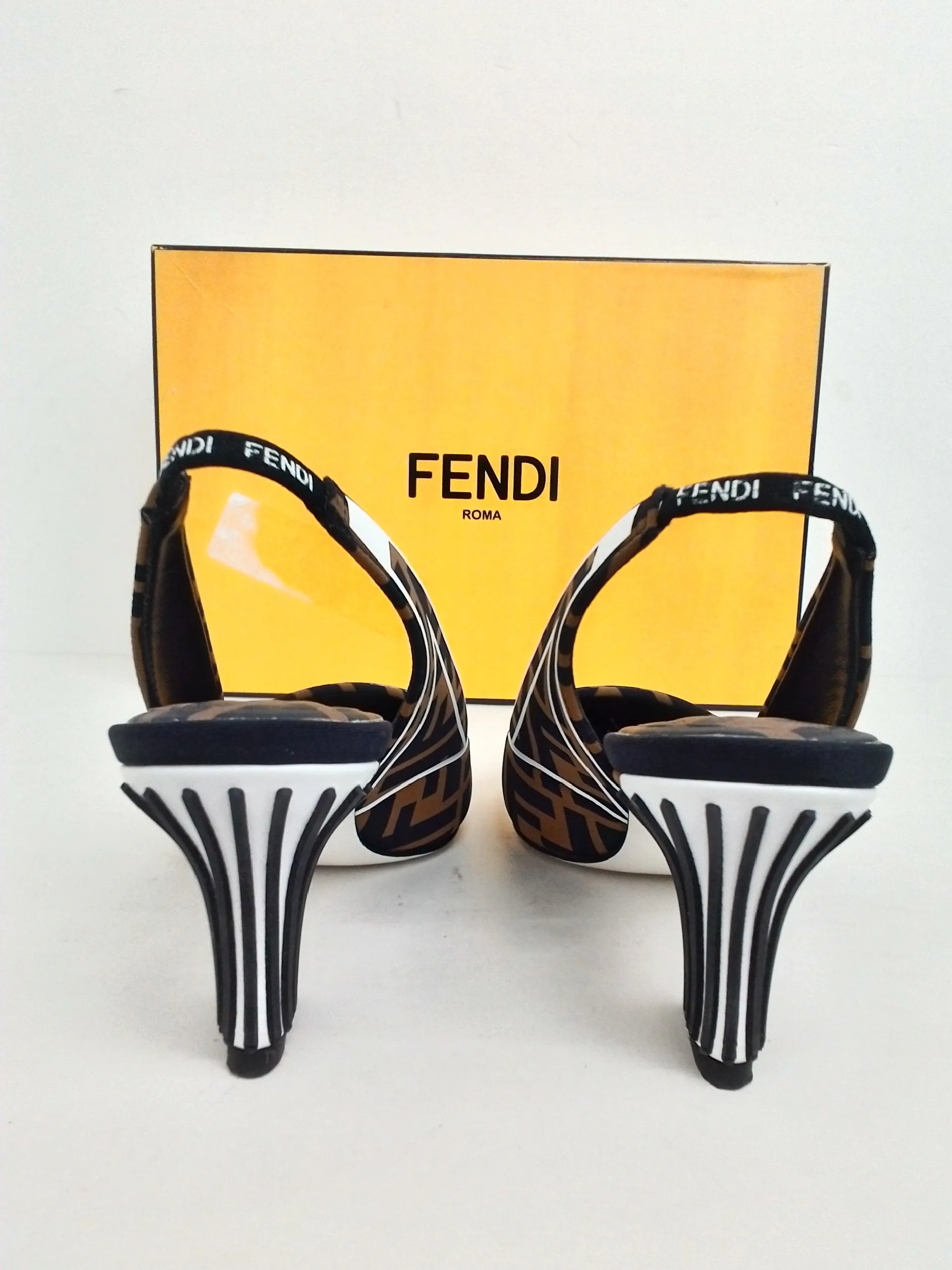 FENDI Women's Decollete AP Lycra FF Film Elast Logo Brown/Black/White Size 35.5