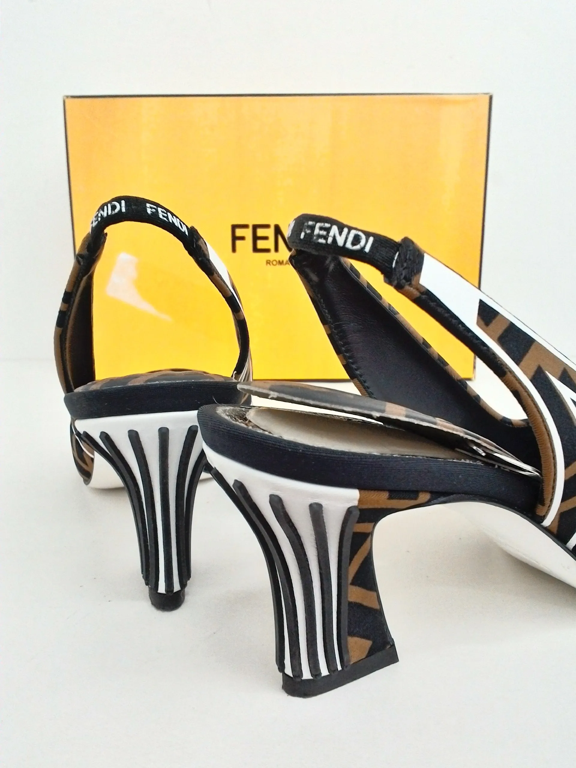 FENDI Women's Decollete AP Lycra FF Film Elast Logo Brown/Black/White Size 35.5