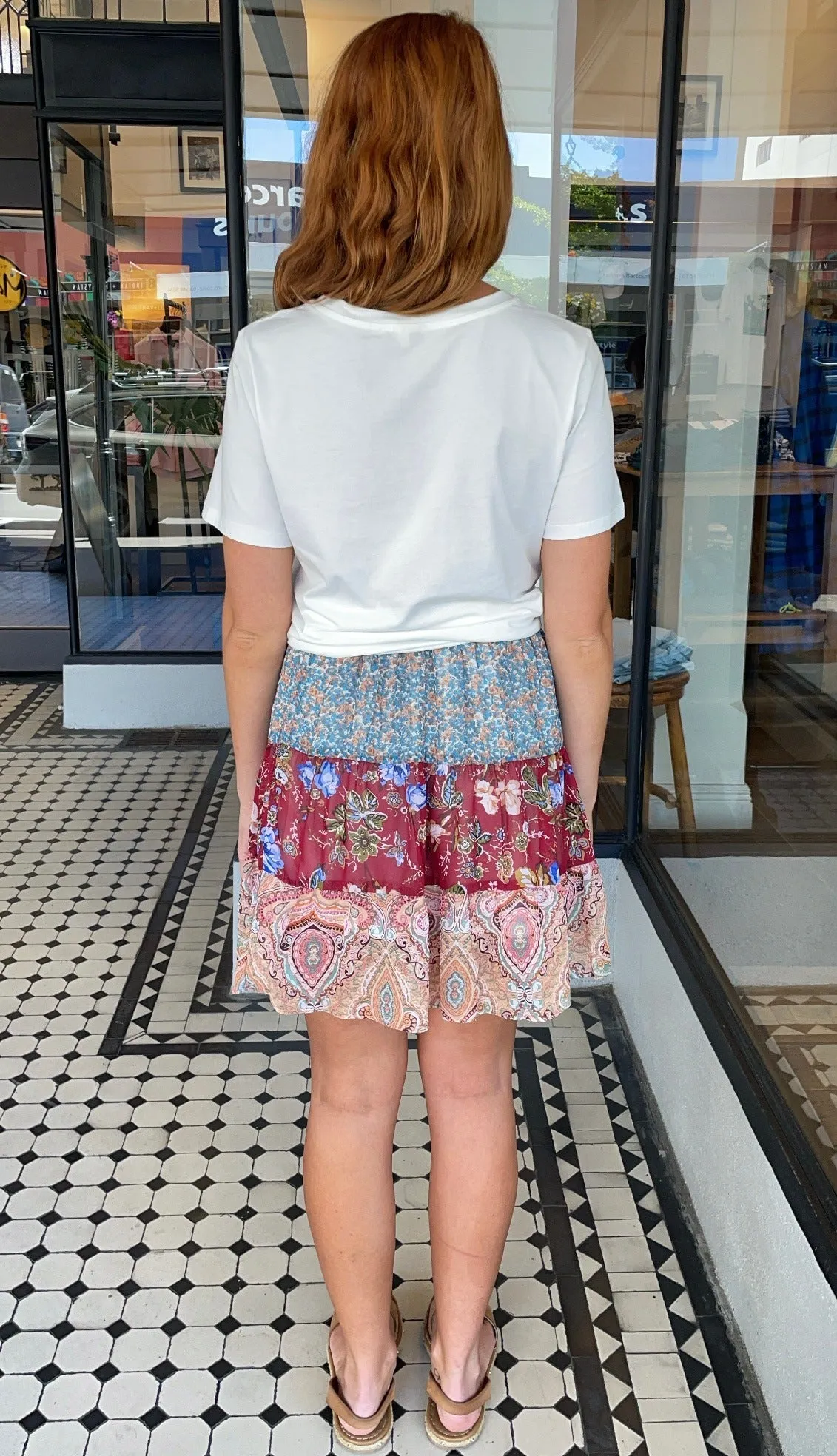 Floral Paisley Mixed Print Tiered Skirt Berry