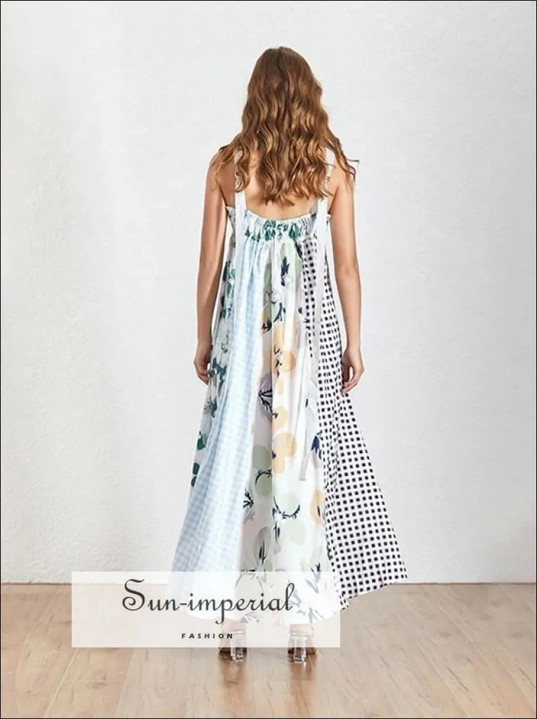 Floral Vintage Print a Line Dress for Women Sleeveless Tie Dye Strap Maxi Dress