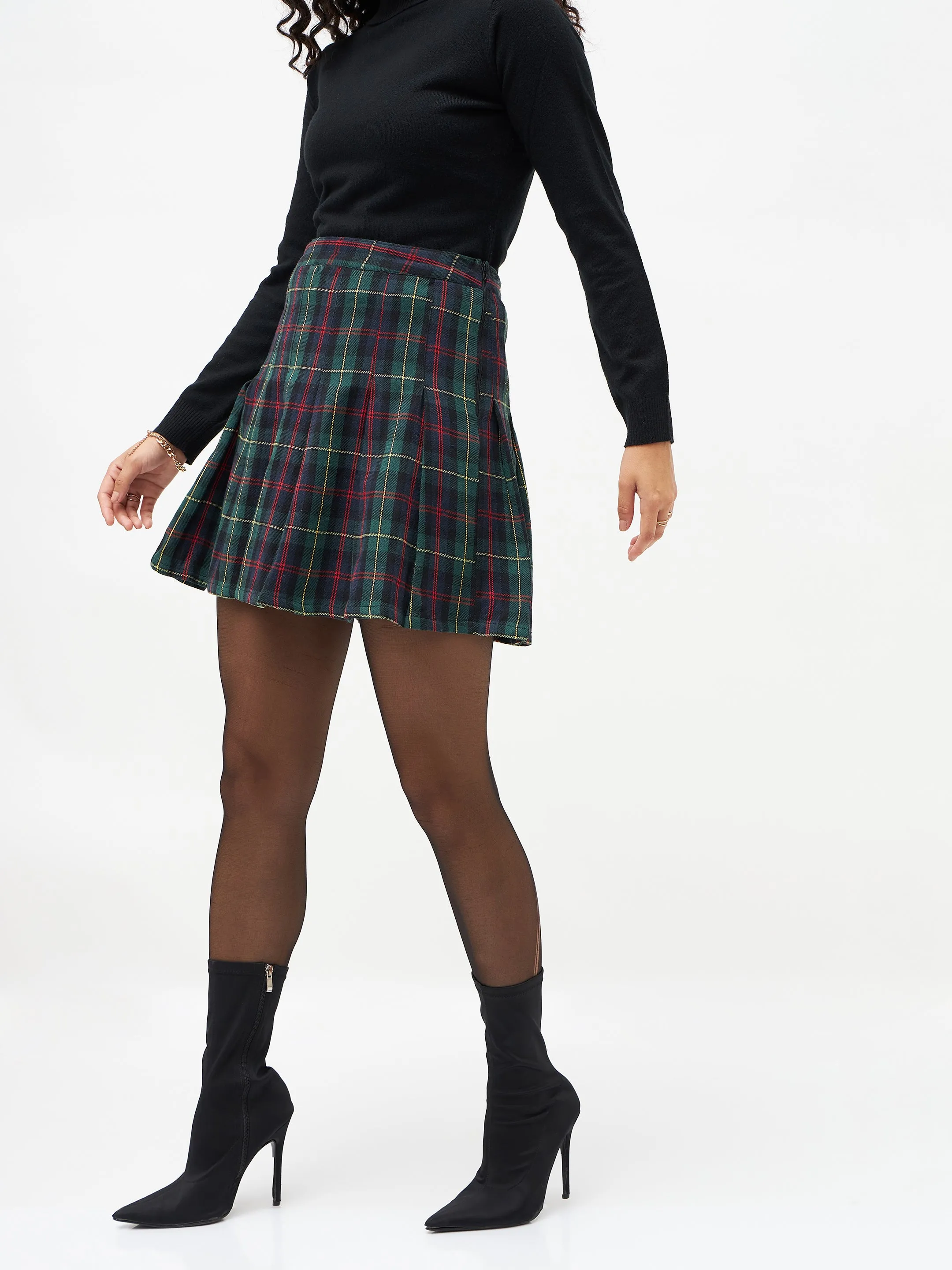 Green Plaid Check Mini Skirt