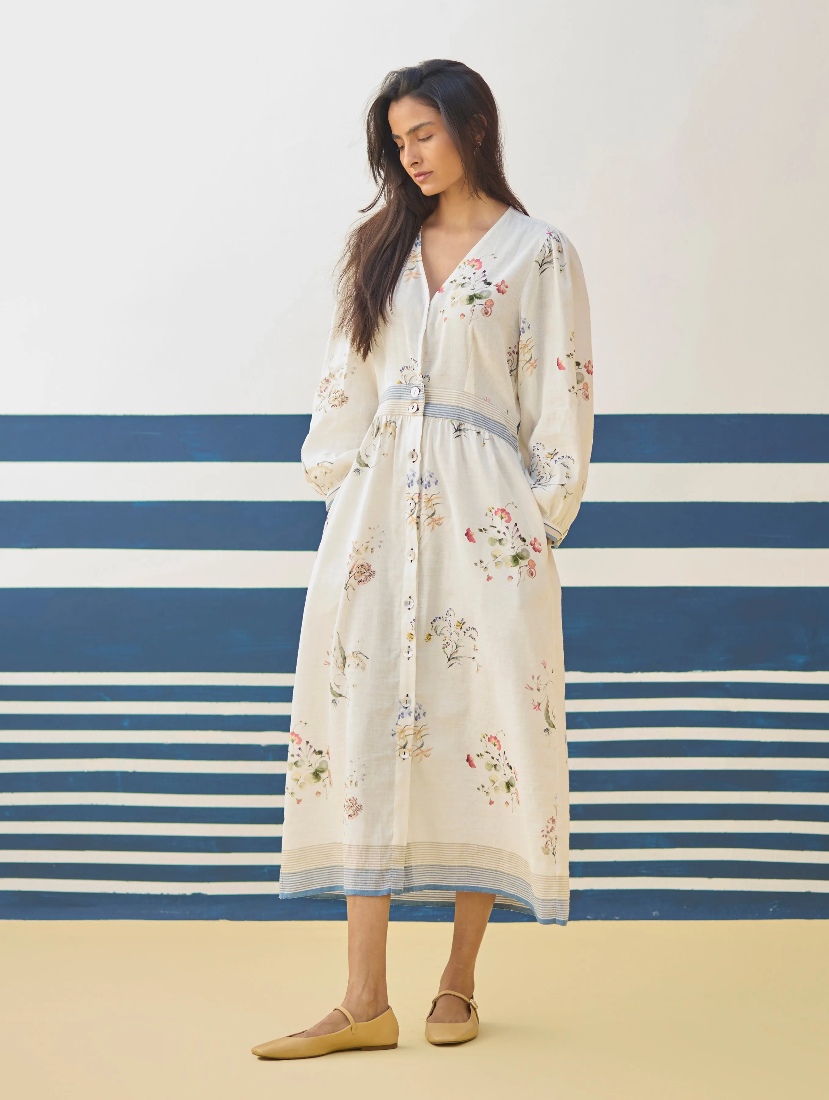 Greta Floral Linen Dress - Ivory