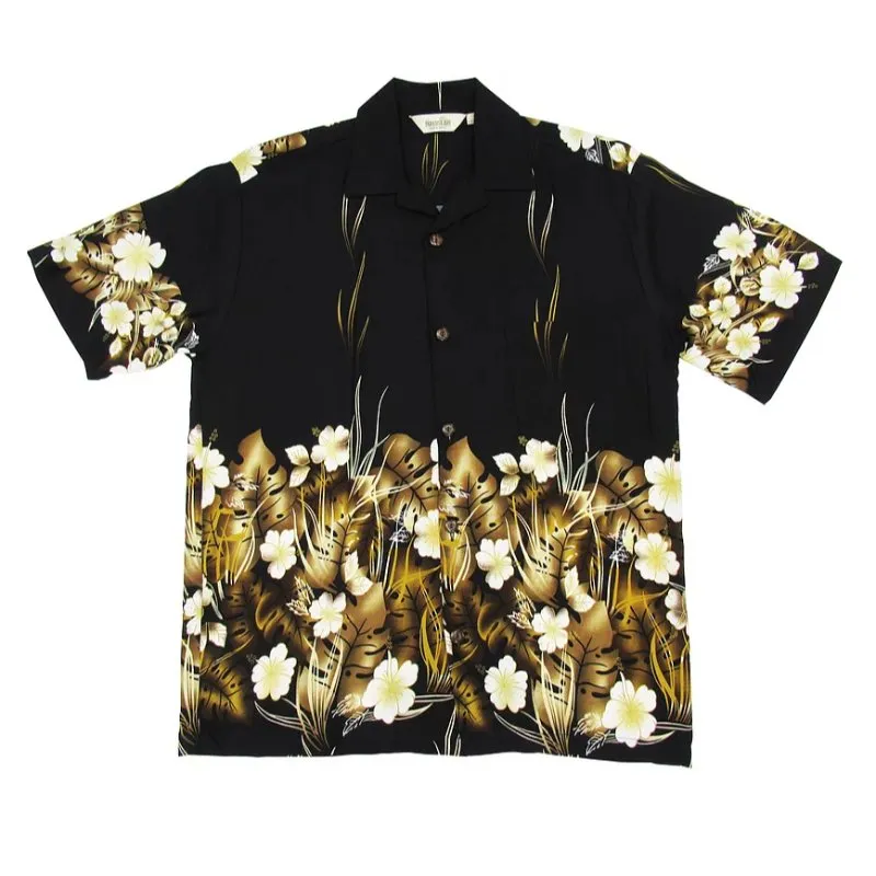 Hibiscus and Leafy Jungle Rayon Hawaiian Shirt | Black