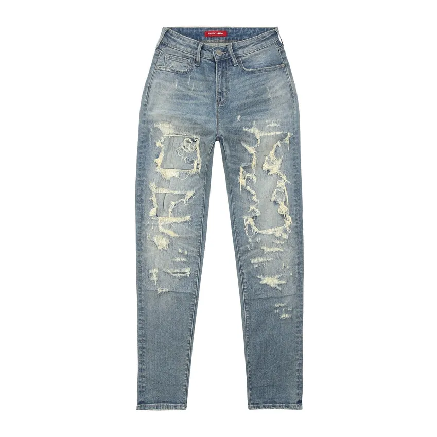 High Rise Rip Off Tapered Denim Jeans - Lisbon Blue