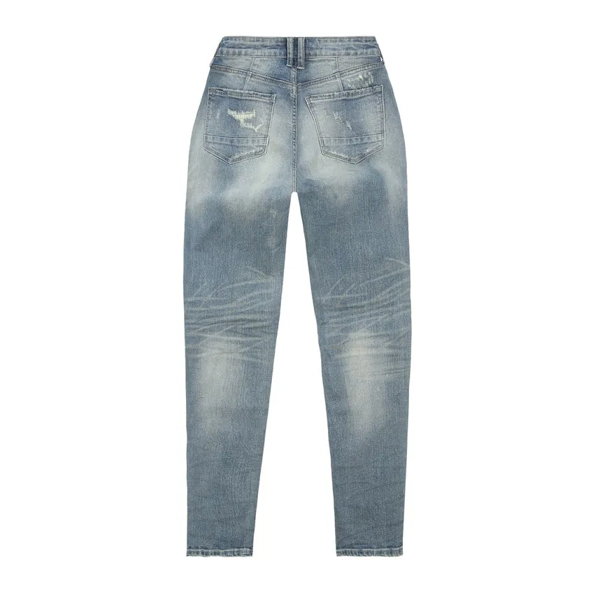 High Rise Rip Off Tapered Denim Jeans - Lisbon Blue