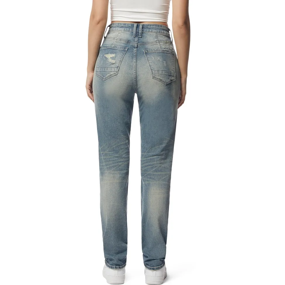 High Rise Rip Off Tapered Denim Jeans - Lisbon Blue