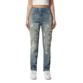 High Rise Rip Off Tapered Denim Jeans - Lisbon Blue