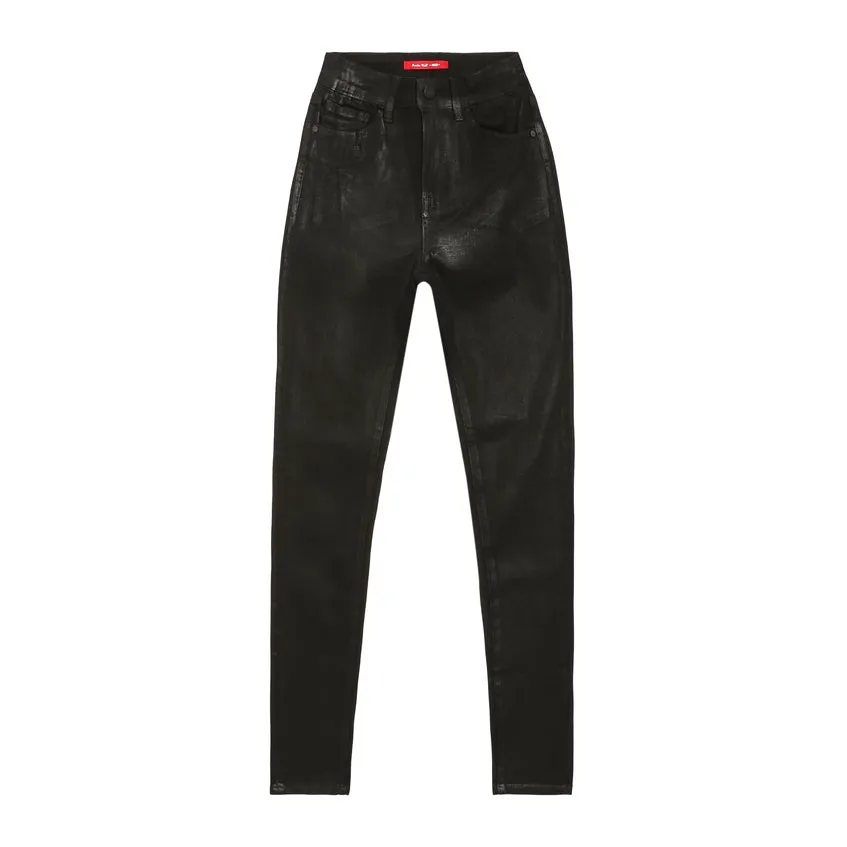 High Rise Slim Skinny Wax Coated Denim Jeans - Polished Black