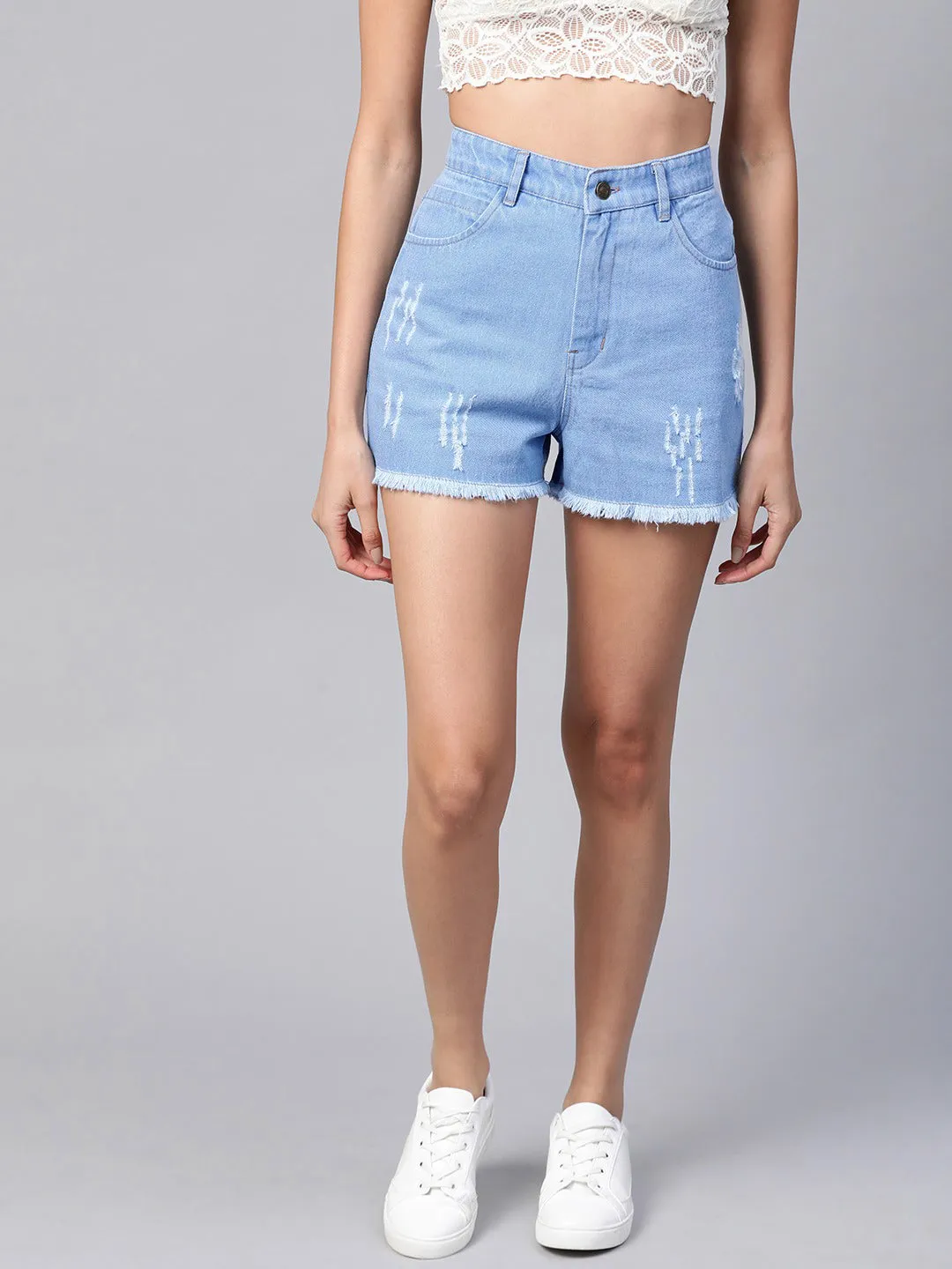 Ice Blue Frayed Look Shorts