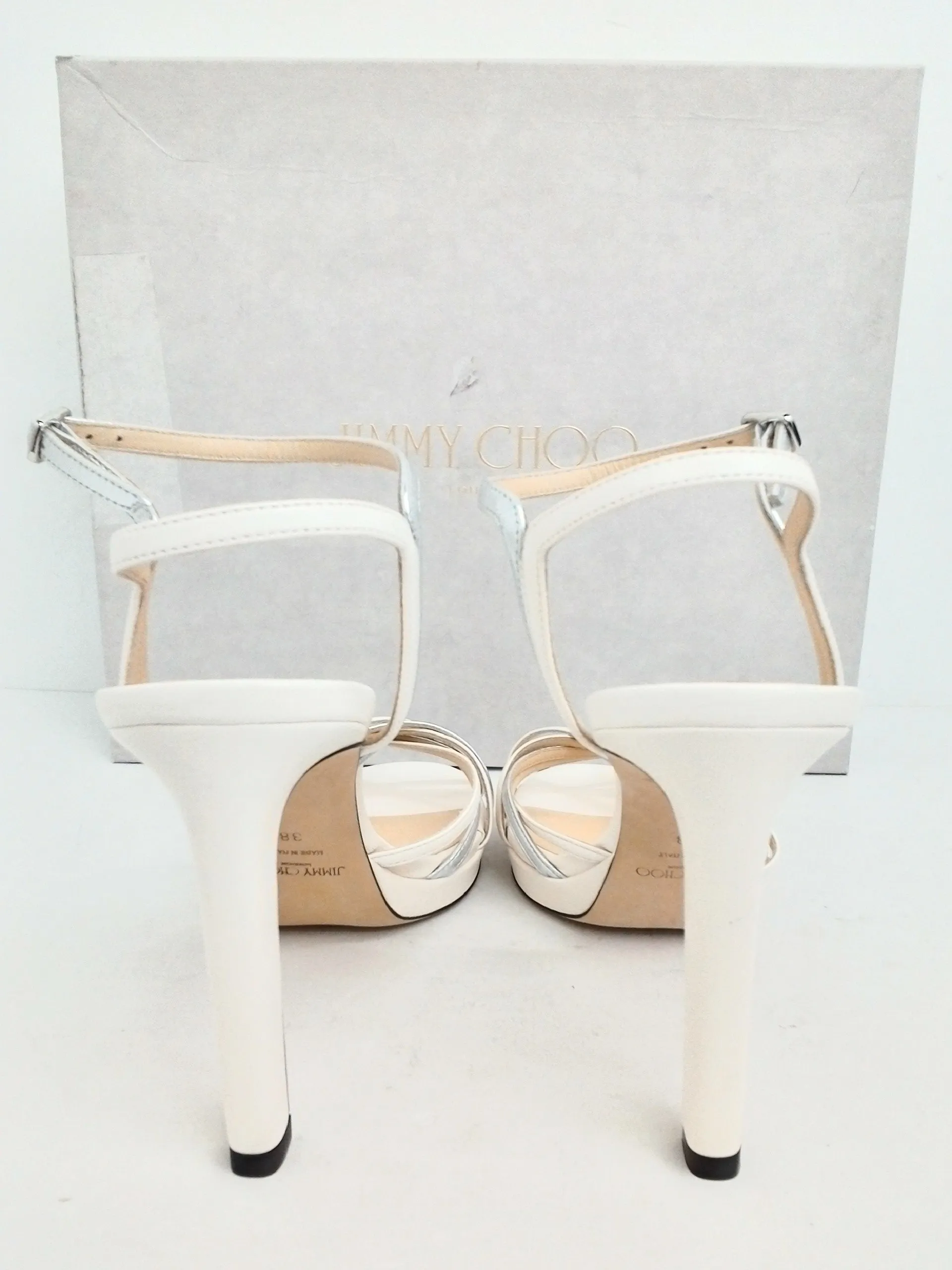 Jimmy Choo Women's Lilah White/Silver Latte Mix Leather Sandal Size 38