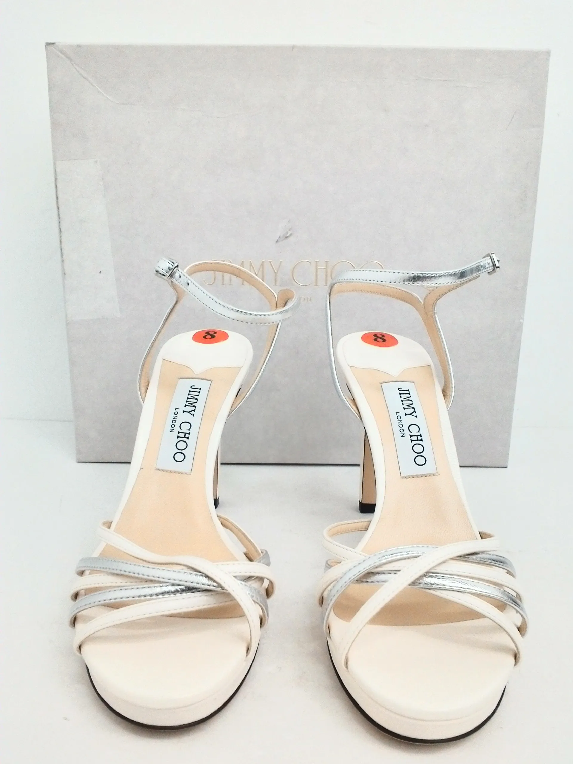 Jimmy Choo Women's Lilah White/Silver Latte Mix Leather Sandal Size 38