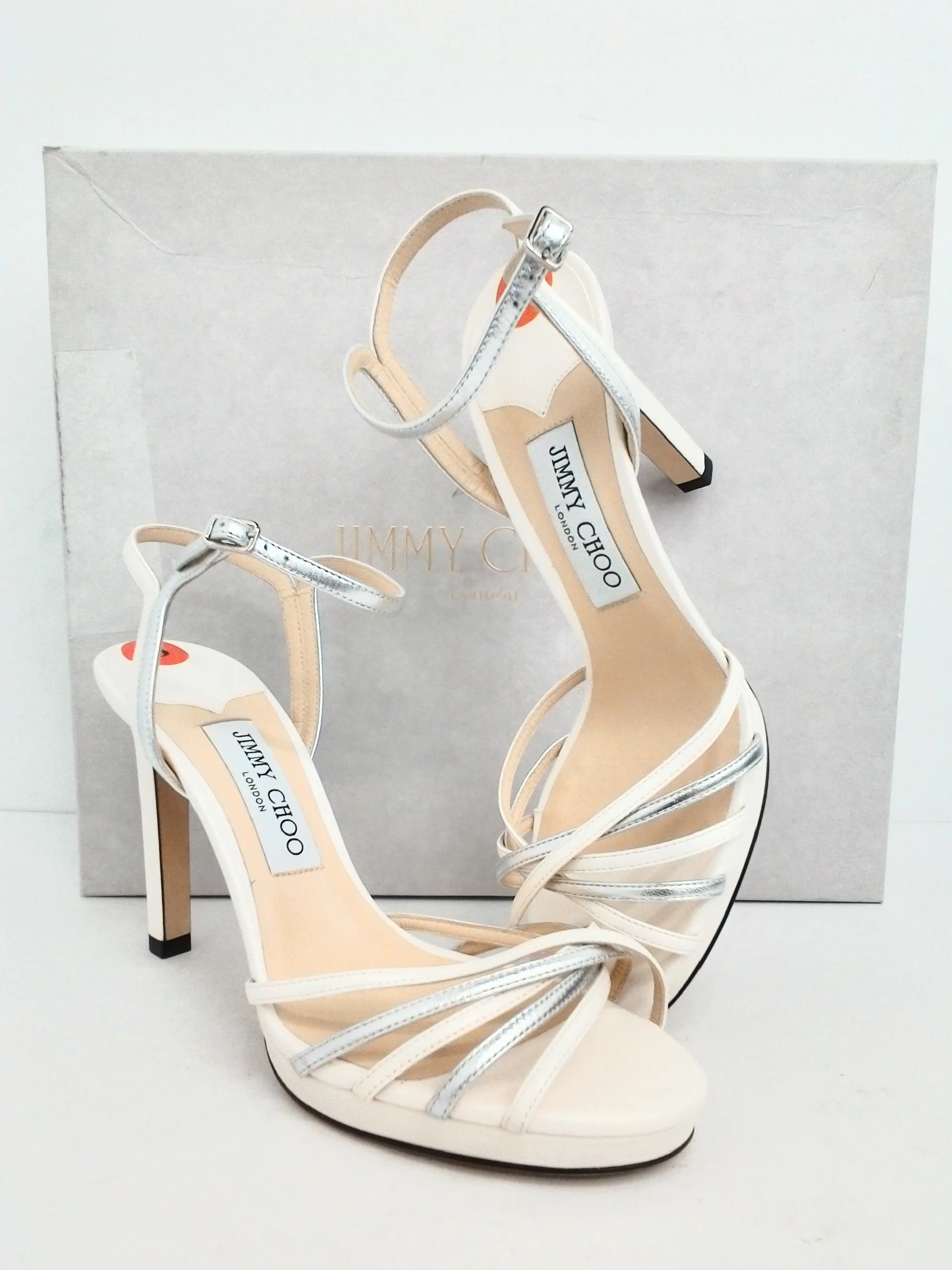 Jimmy Choo Women's Lilah White/Silver Latte Mix Leather Sandal Size 38