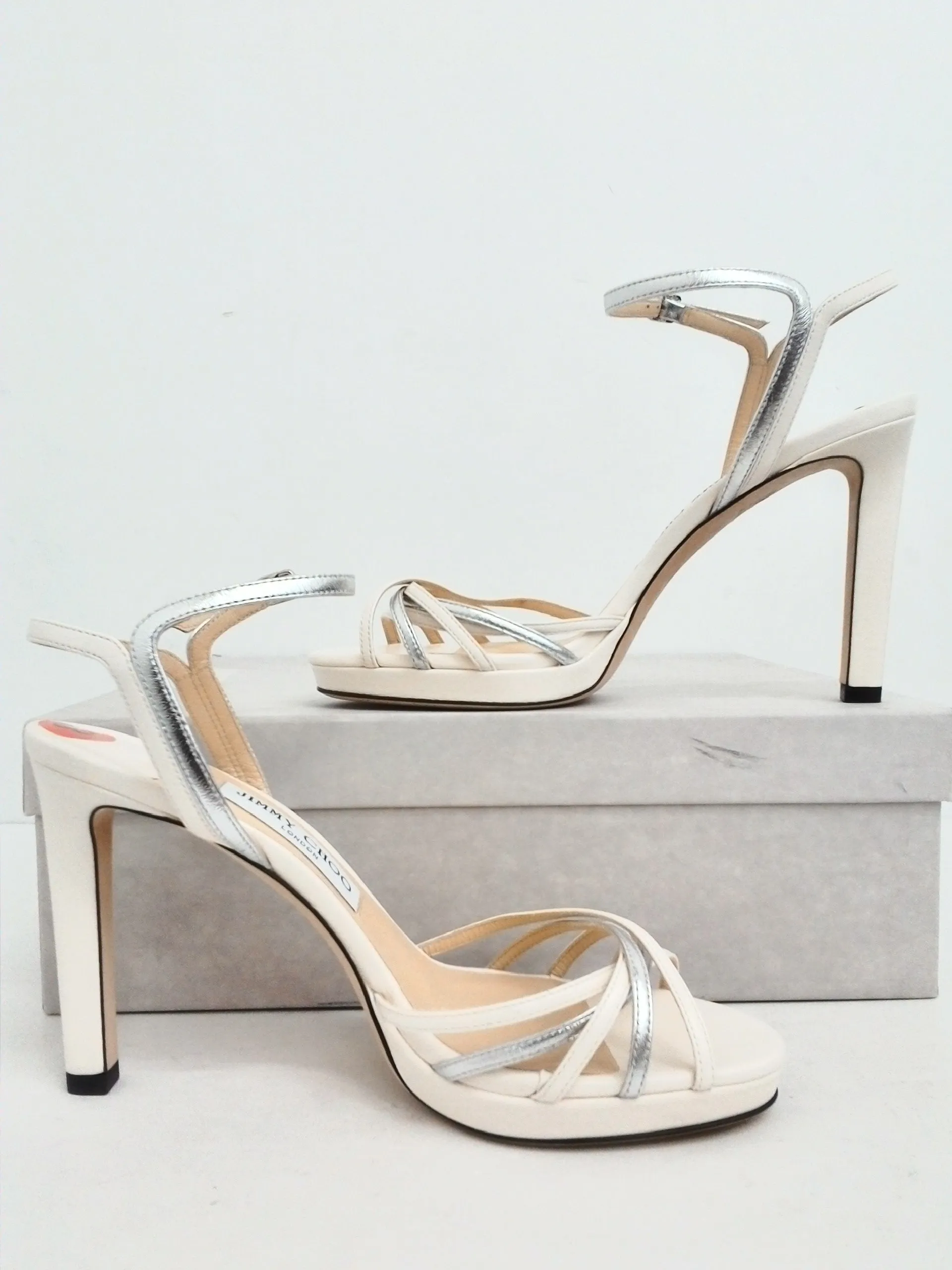 Jimmy Choo Women's Lilah White/Silver Latte Mix Leather Sandal Size 38