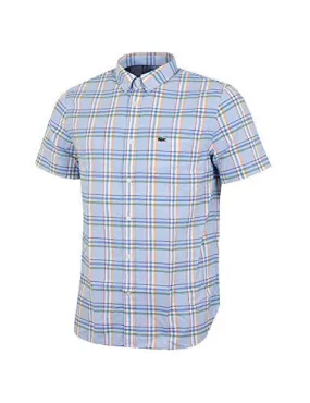 LACOSTE MEN'S MEN'S BLUE CHECKED SHORT SLEEVE SHIRT IN SIZE 2XL LIGHT BLUE