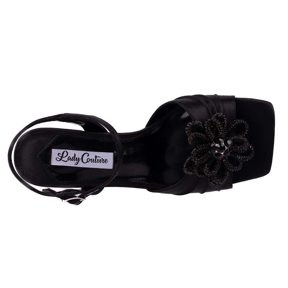 Lady Couture LILLY Black Rhinestone Ornament Dressy Sandal with a 3.5 Inch Heel