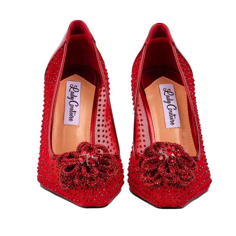 Lady Couture SWEET Red Rhinestone Ornament Mesh Pump with 3.5 Inch Heel