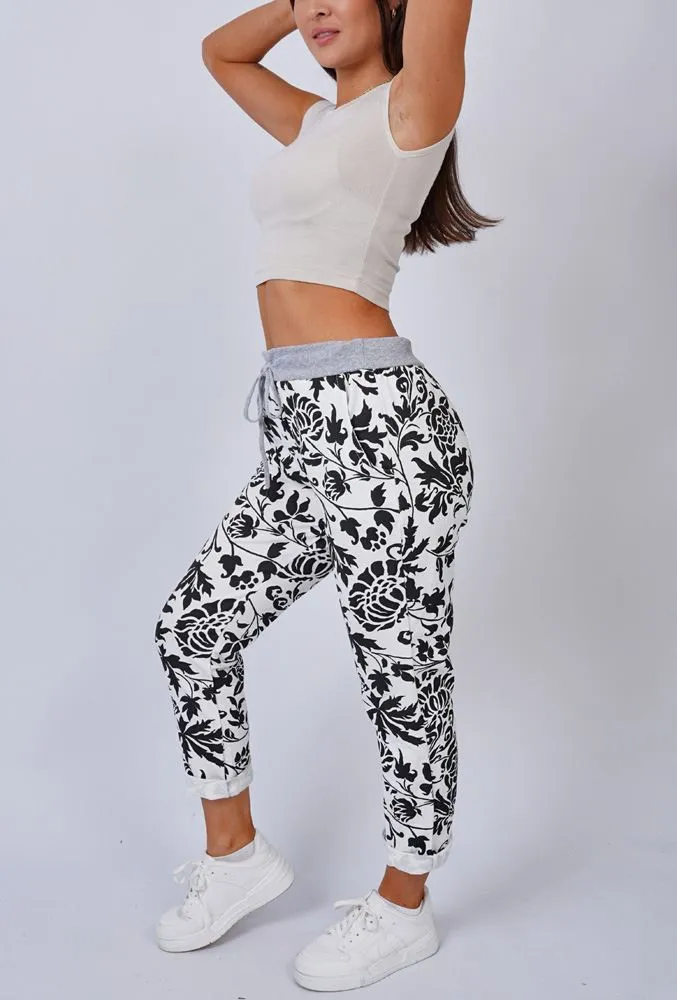 Leaf Print Drawstring Cotton Trousers