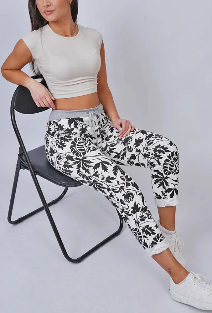 Leaf Print Drawstring Cotton Trousers