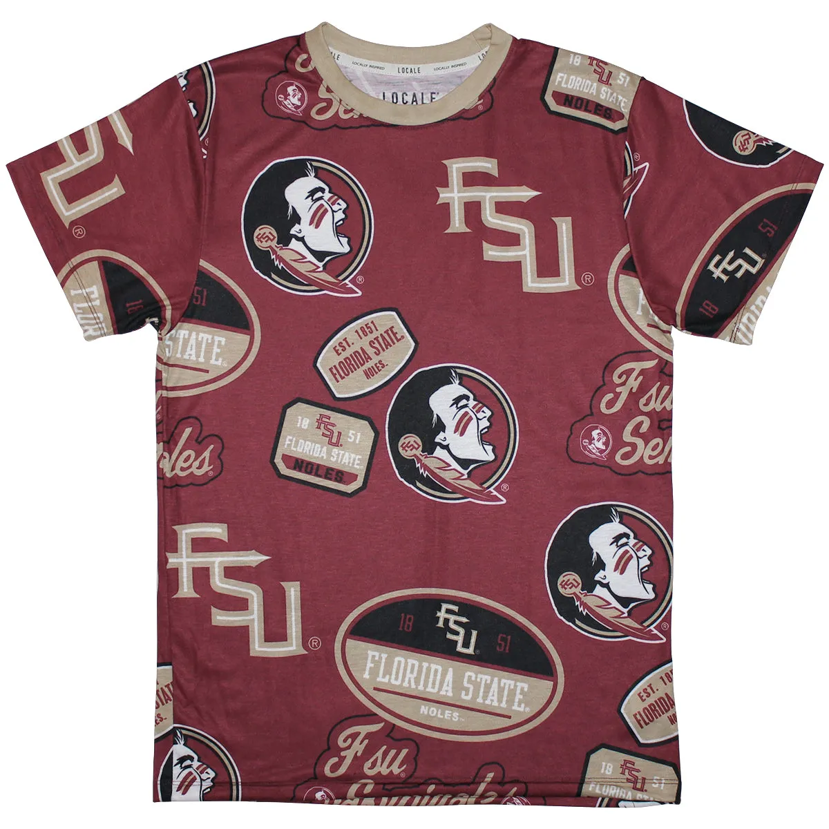 League Men's All Over Seminole Logo/Stacked FSU Design Short Sleeve T-shirt - Garnet