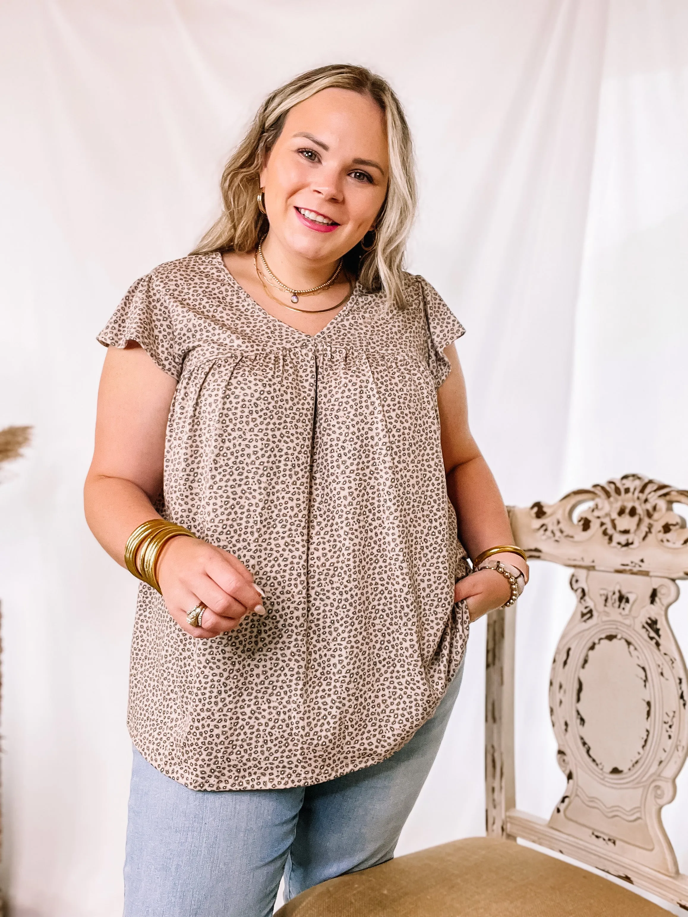 Look Who's Trending Small Leopard Print V Neck Top with Ruffle Cap Sleeves