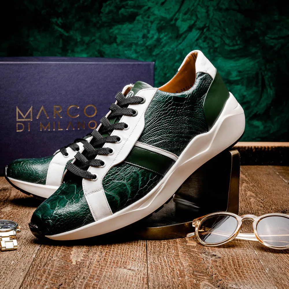 Marco Di Milano LYON Hand-Painted Two tone Green/White Ostrich & Calfskin Sneakers