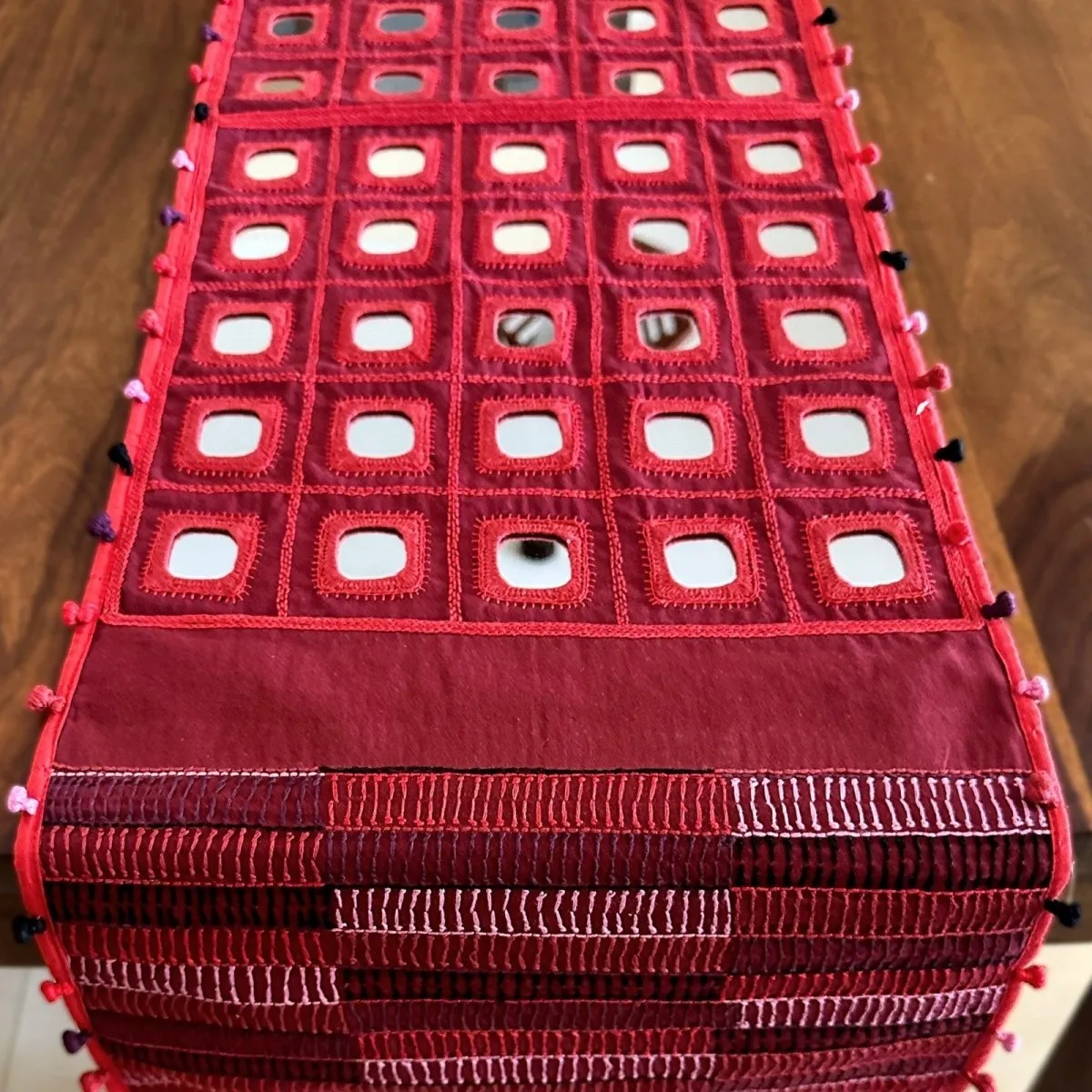 Maroon Handwoven Mirror & Thread-Work Table Runner