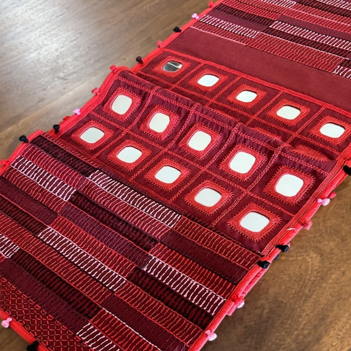 Maroon Handwoven Mirror & Thread-Work Table Runner