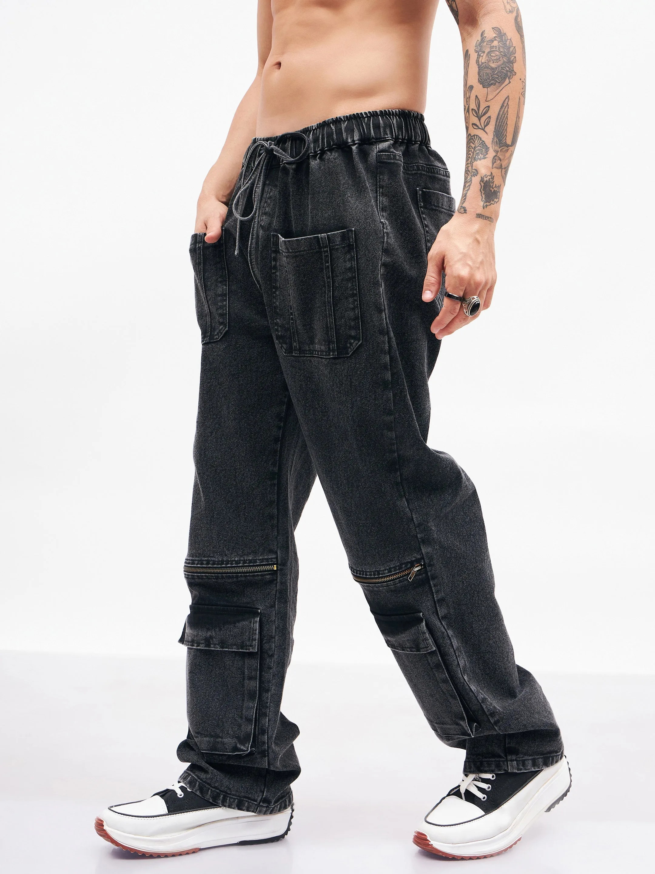 Men Black Front Zipper Baggy Fit Jeans