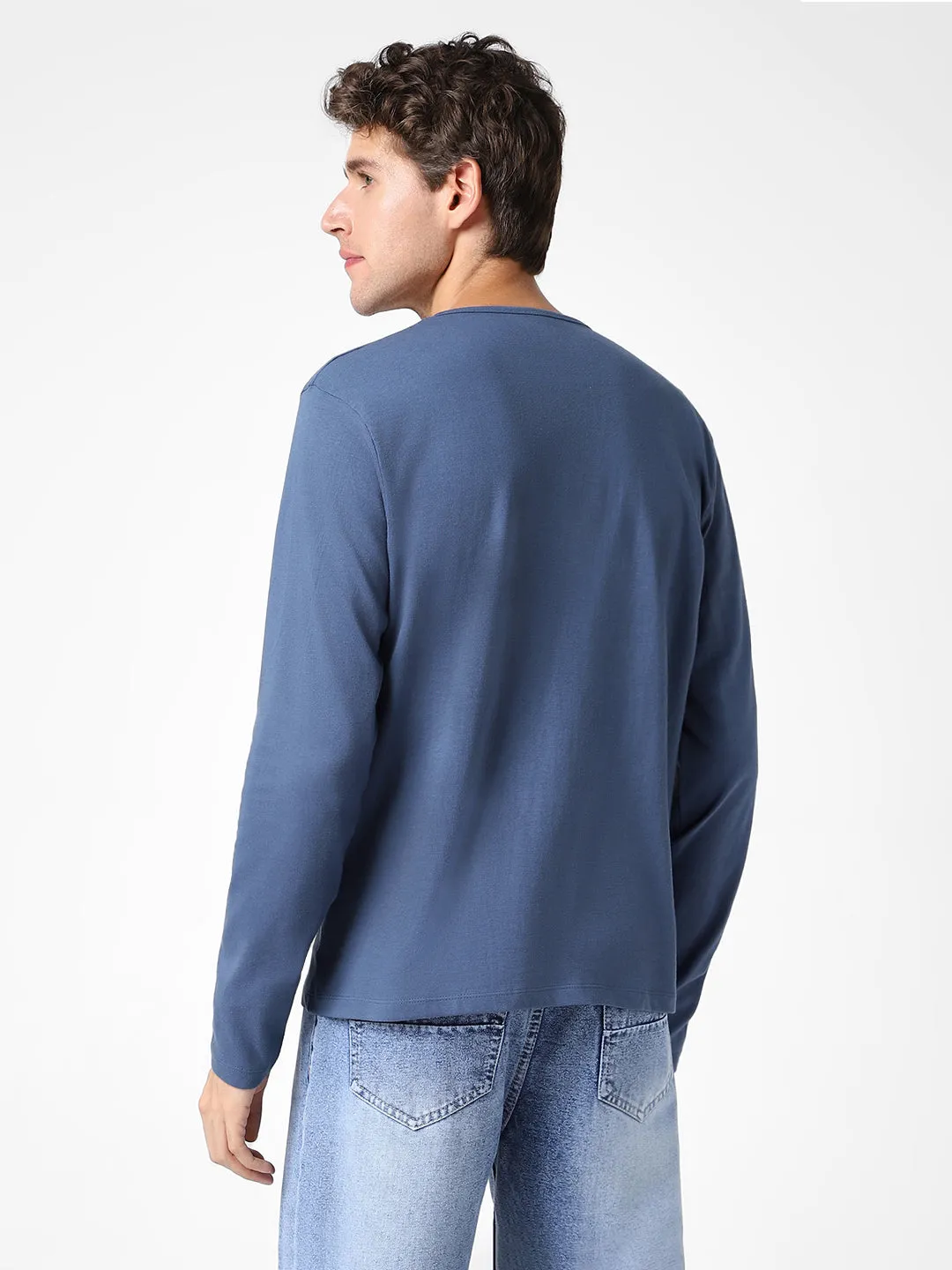 Men's Indigo Blue Solid Henley Neck Slim Fit Full Sleeve Cotton T-Shirt