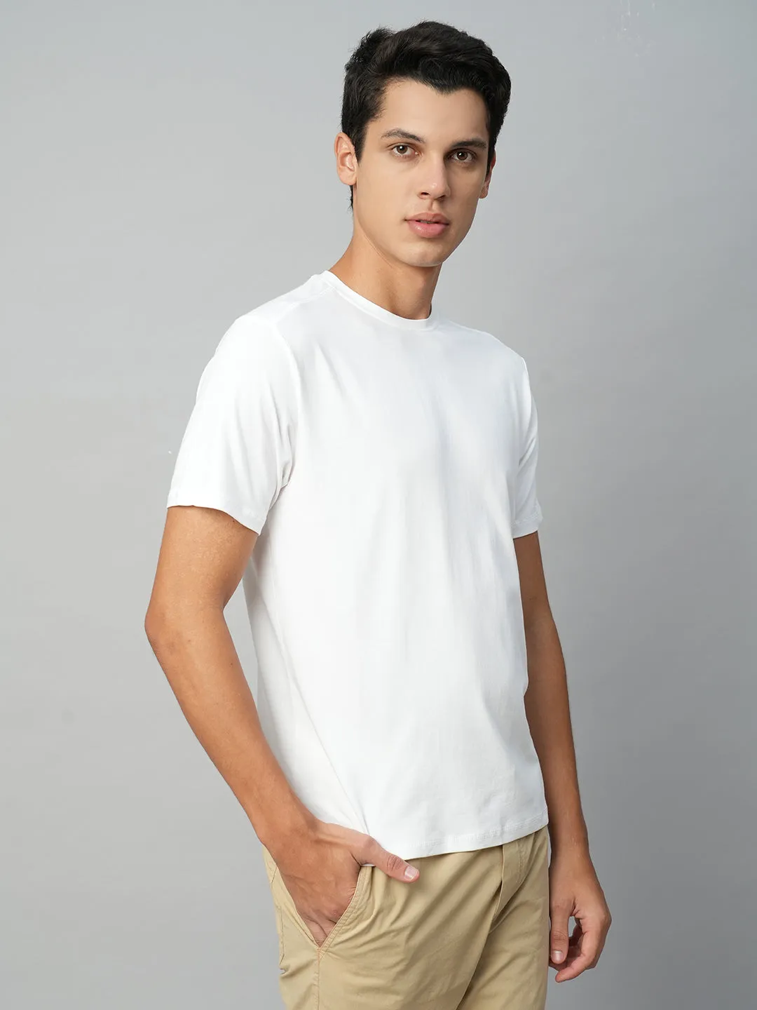 Men's White Cotton Bamboo Elastane Regular Fit Tshirt