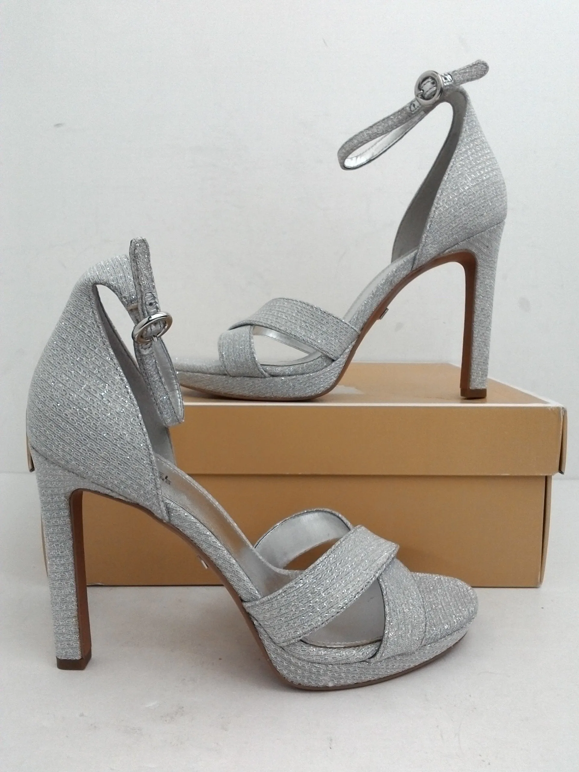 Michael Kors Women's Alexia Sandal Glitter Silver Heeled Sandal Size 6 M