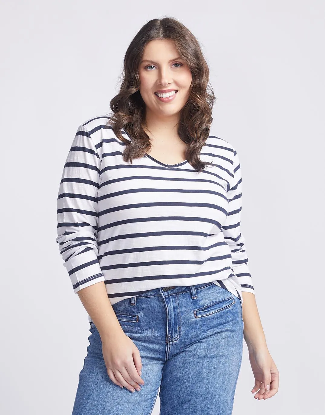 Original V-Neck Long Sleeve T-Shirt - Navy/White Stripe