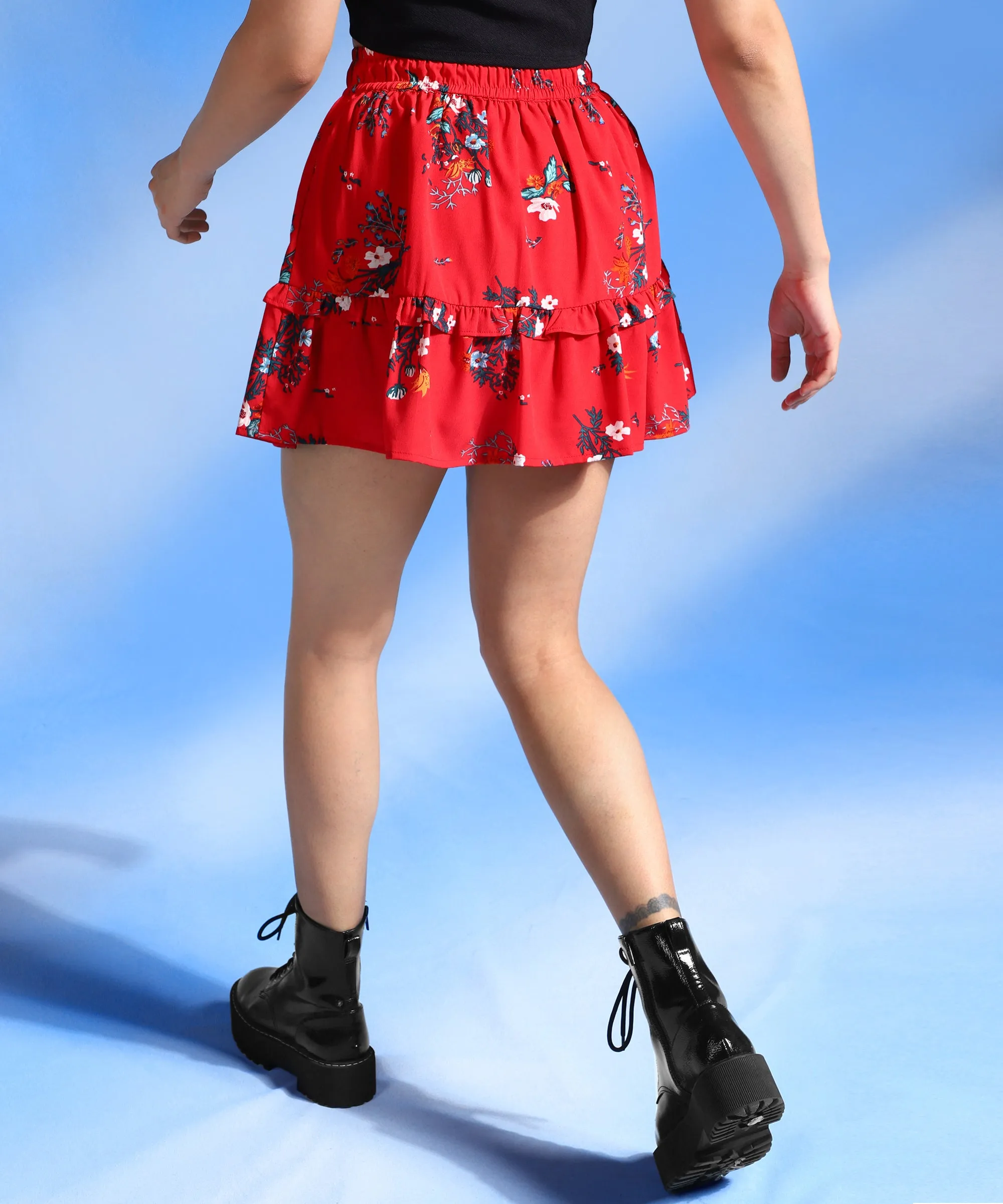 Red & Navy Blue Floral Print Tiered Ruffles Mini Skirt