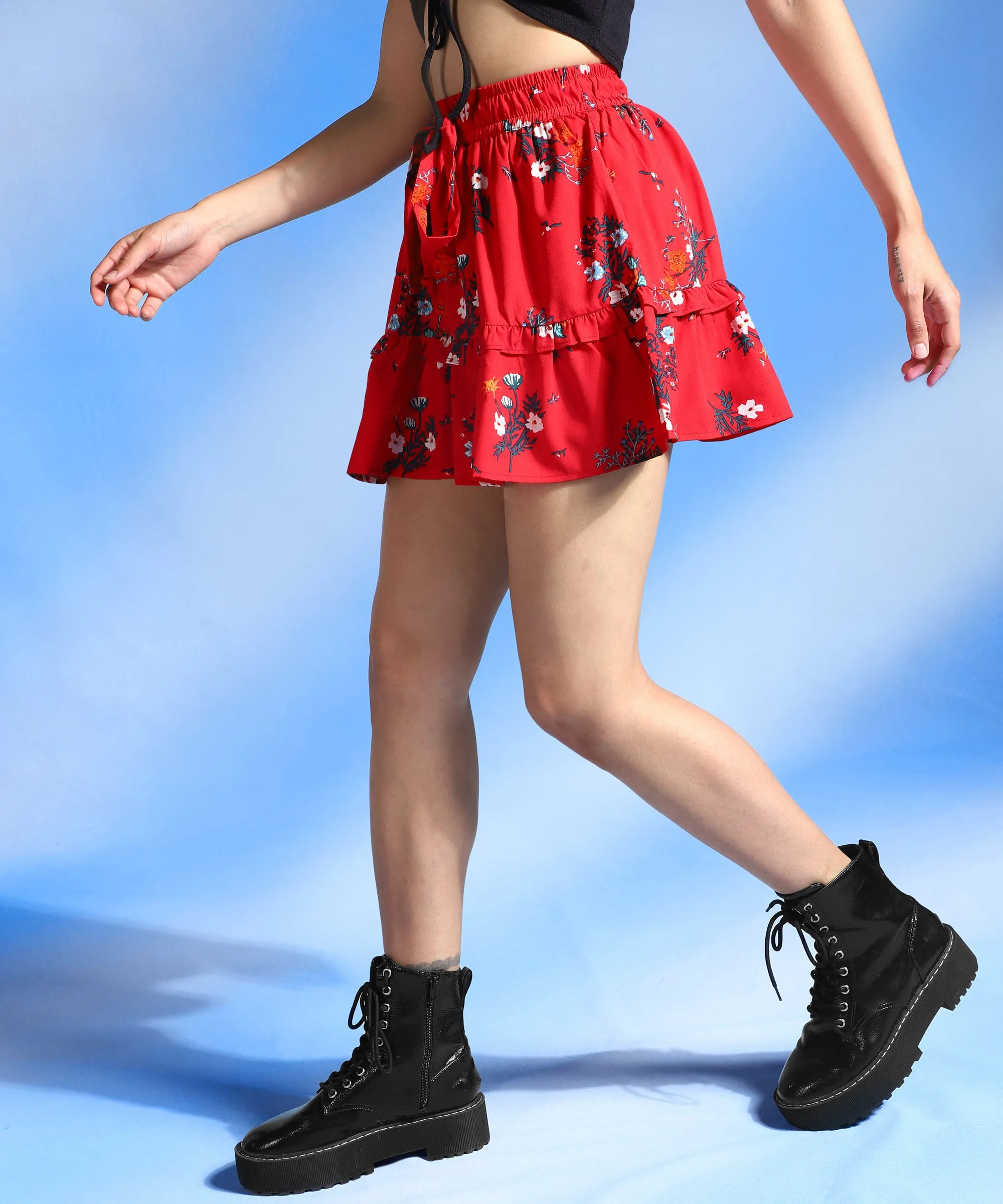 Red & Navy Blue Floral Print Tiered Ruffles Mini Skirt