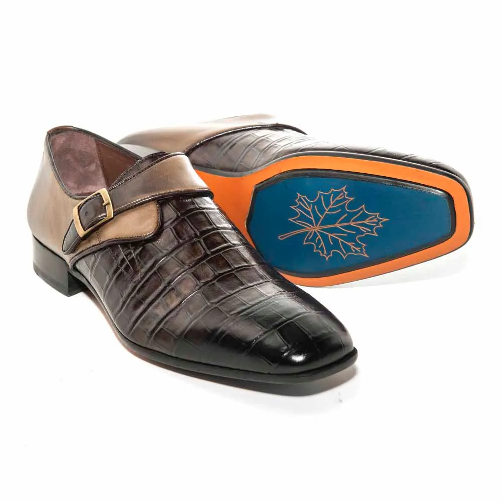 SIGOTTO Uomo Croc Monk Brown Crocodile Buckle Dress Shoes