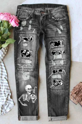 Skeleton Print Ripped Jeans for Women Stretch Denim Jeans Pants