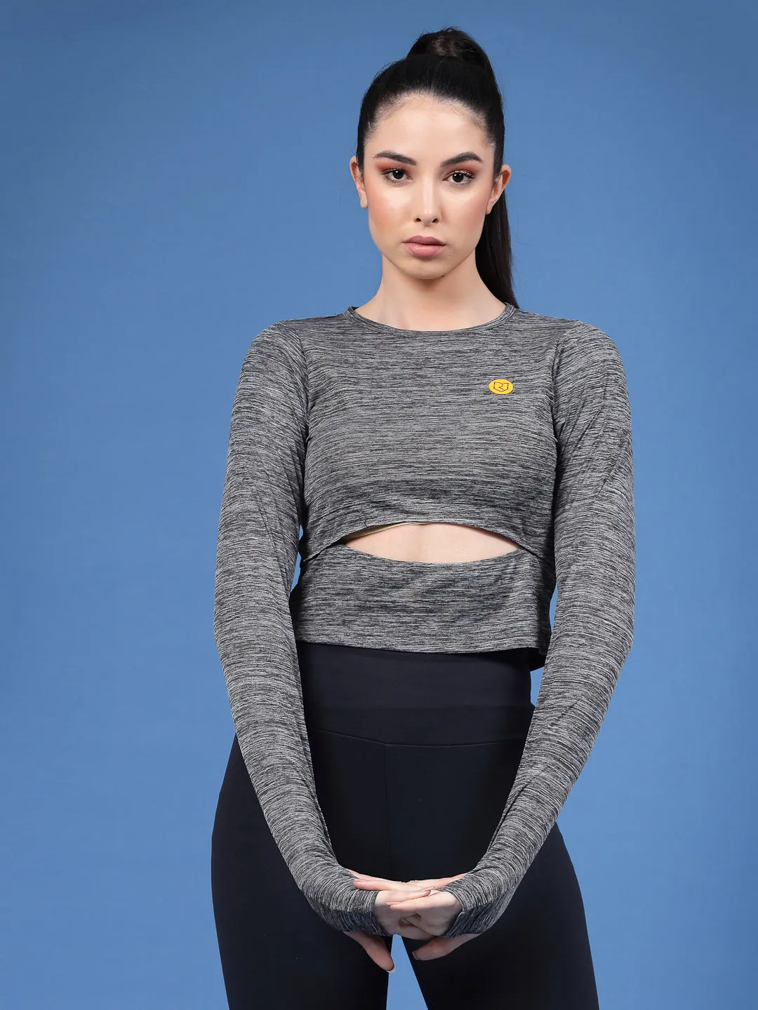 Solid Full Sleeves Round Neck Slim Fit Women Active Wear Crop Top