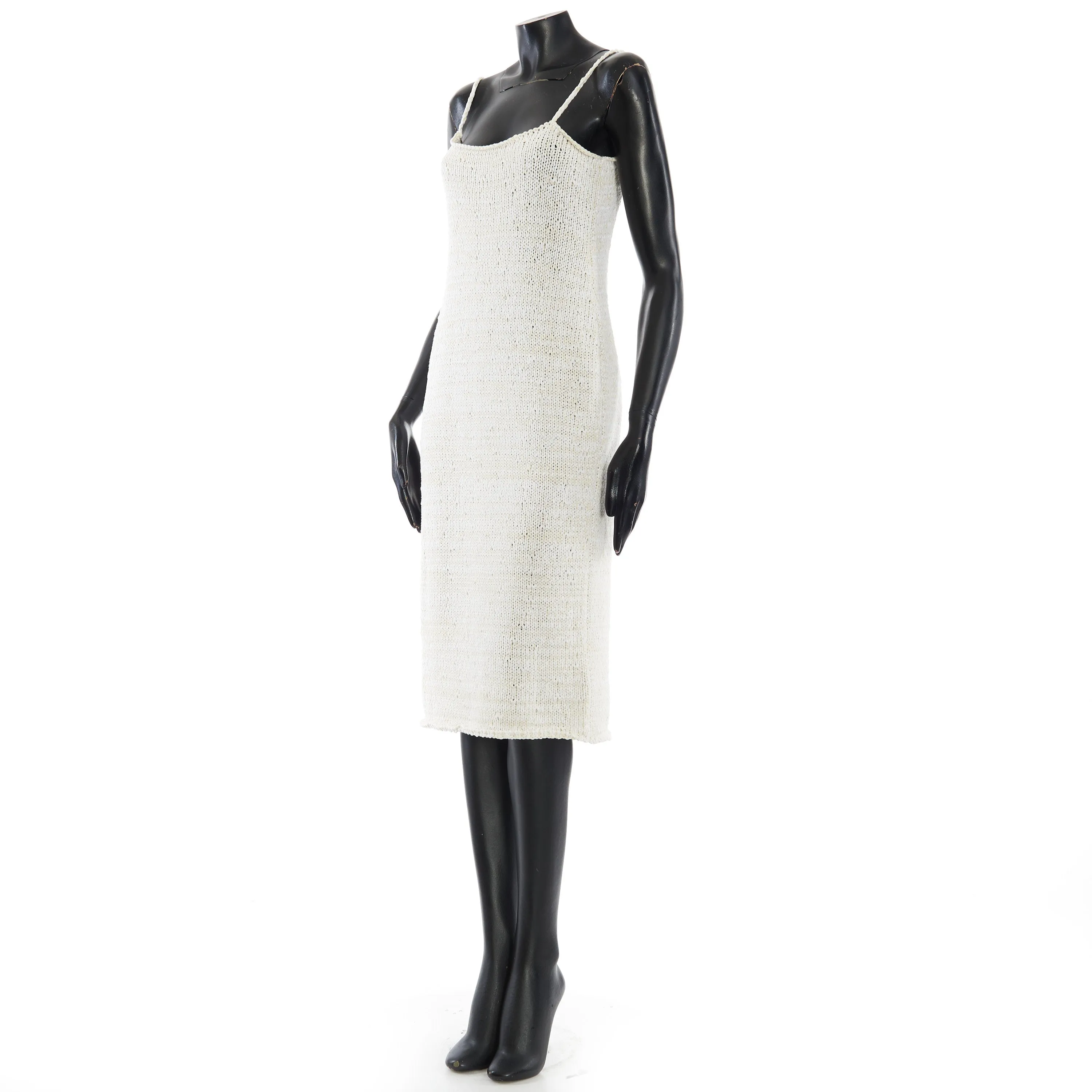 Spaghetti Strap Knitted Dress In Chalk White Cotton Blend